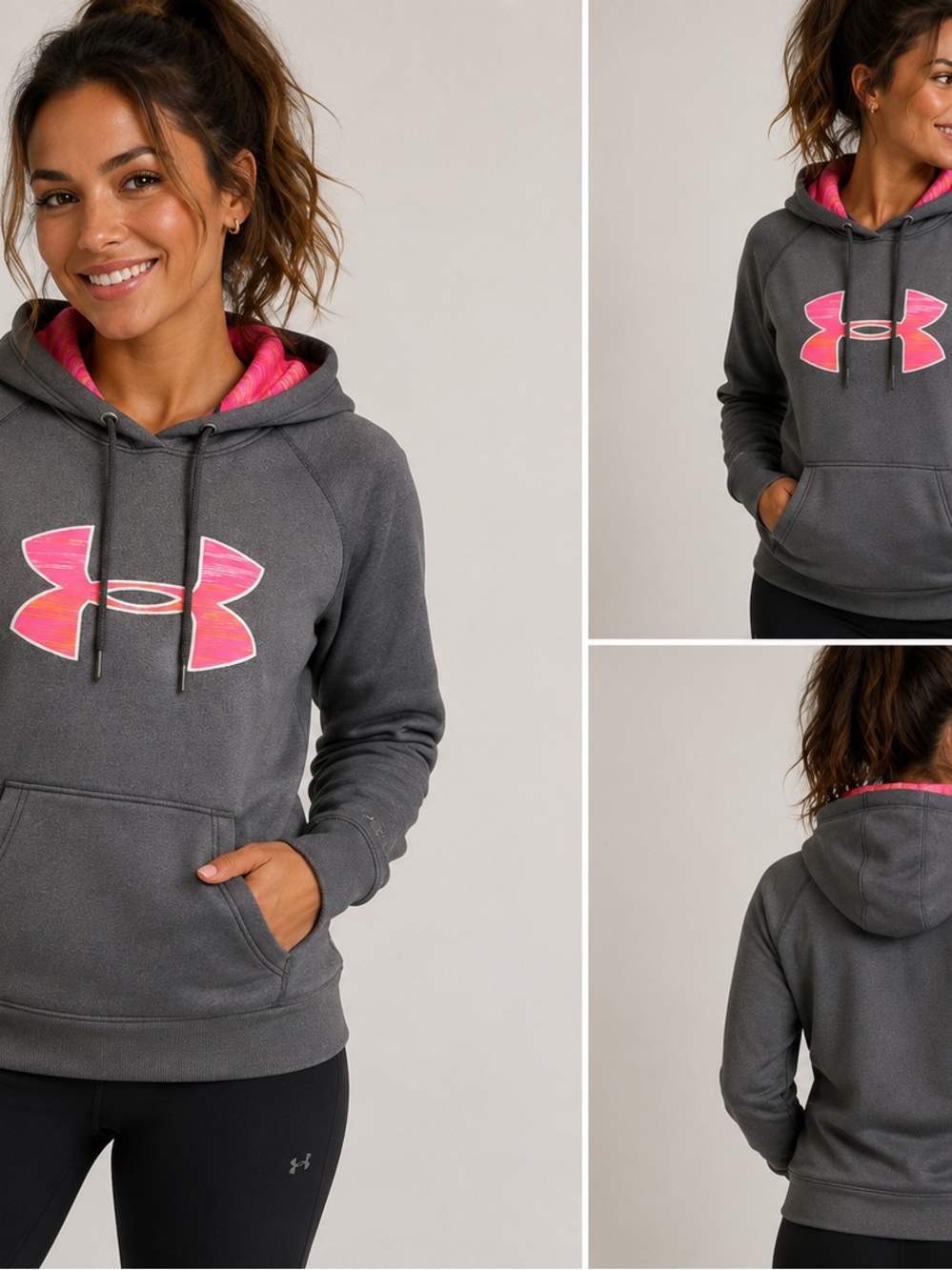 Women’s Under Armour Dark Gray Pullover Hoodie with Pink Logo XL